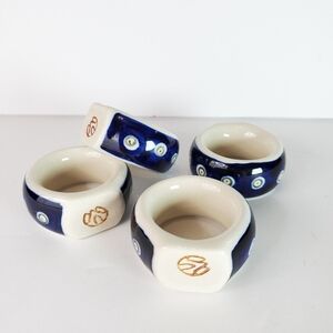 Blue Rose Polish Pottery Flowering Peacock Napkin Rings Set Of 4 Stoneware Eye